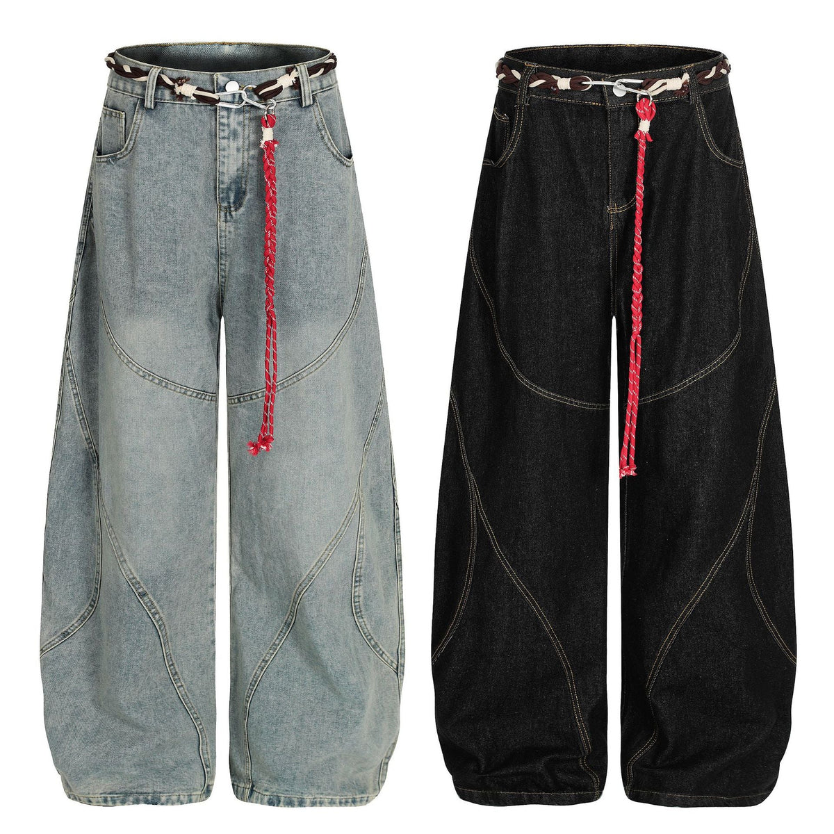Denim Retro Belt Detail | Patchwork Barrel Jeans - OMYGOODS
