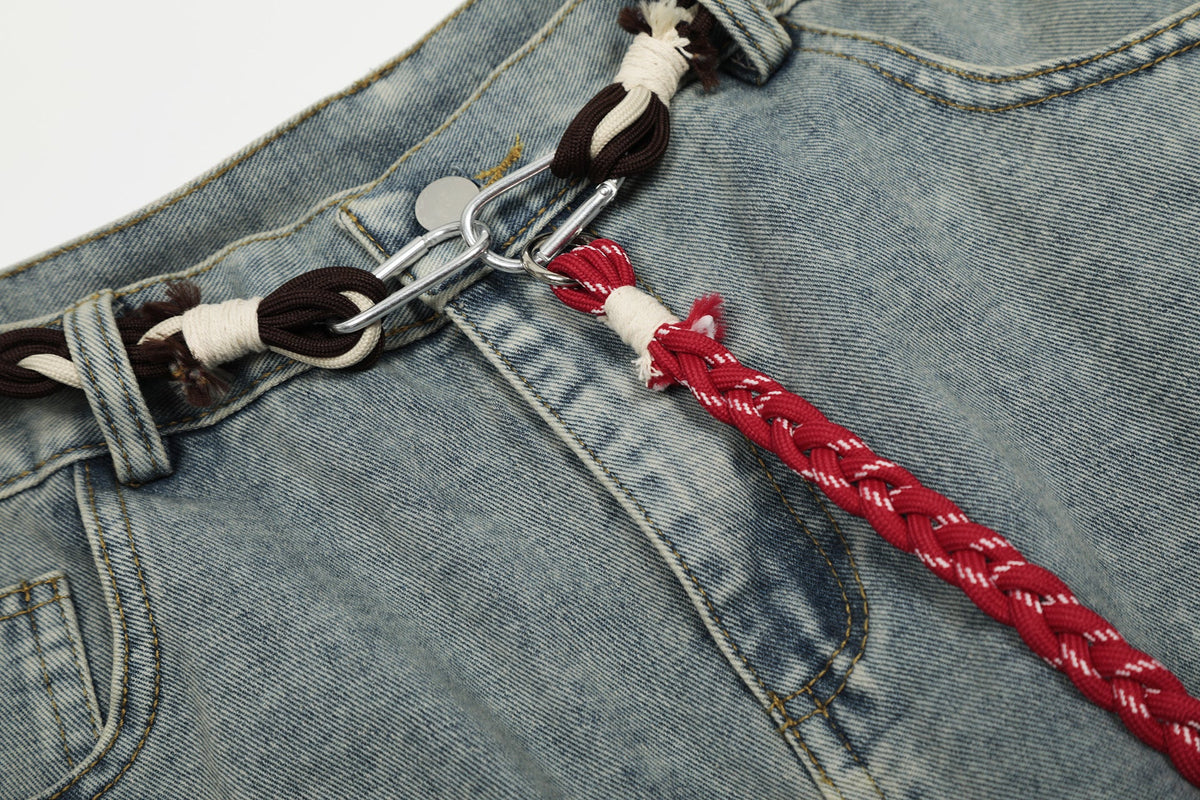 Denim Retro Belt Detail | Patchwork Barrel Jeans - OMYGOODS