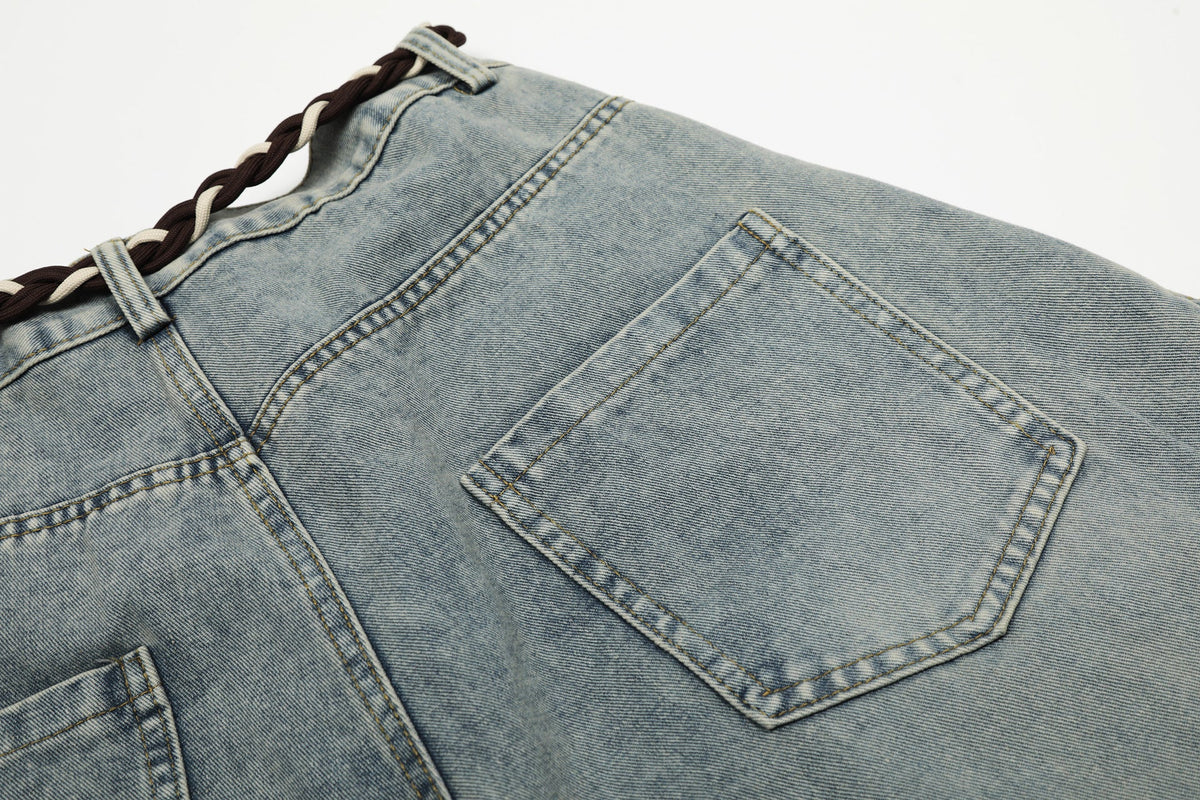 Denim Retro Belt Detail | Patchwork Barrel Jeans - OMYGOODS
