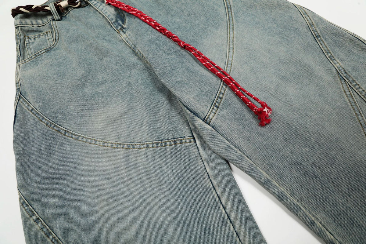 Denim Retro Belt Detail | Patchwork Barrel Jeans - OMYGOODS