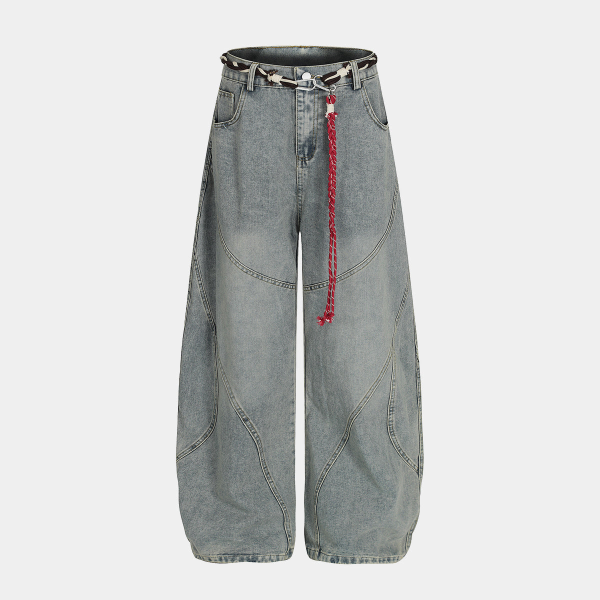 Denim Retro Belt Detail | Patchwork Barrel Jeans - OMYGOODS