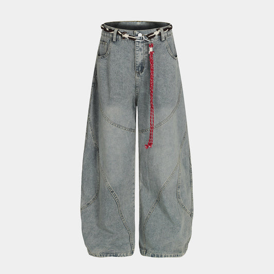 Denim Retro Belt Detail | Patchwork Barrel Jeans - OMYGOODS