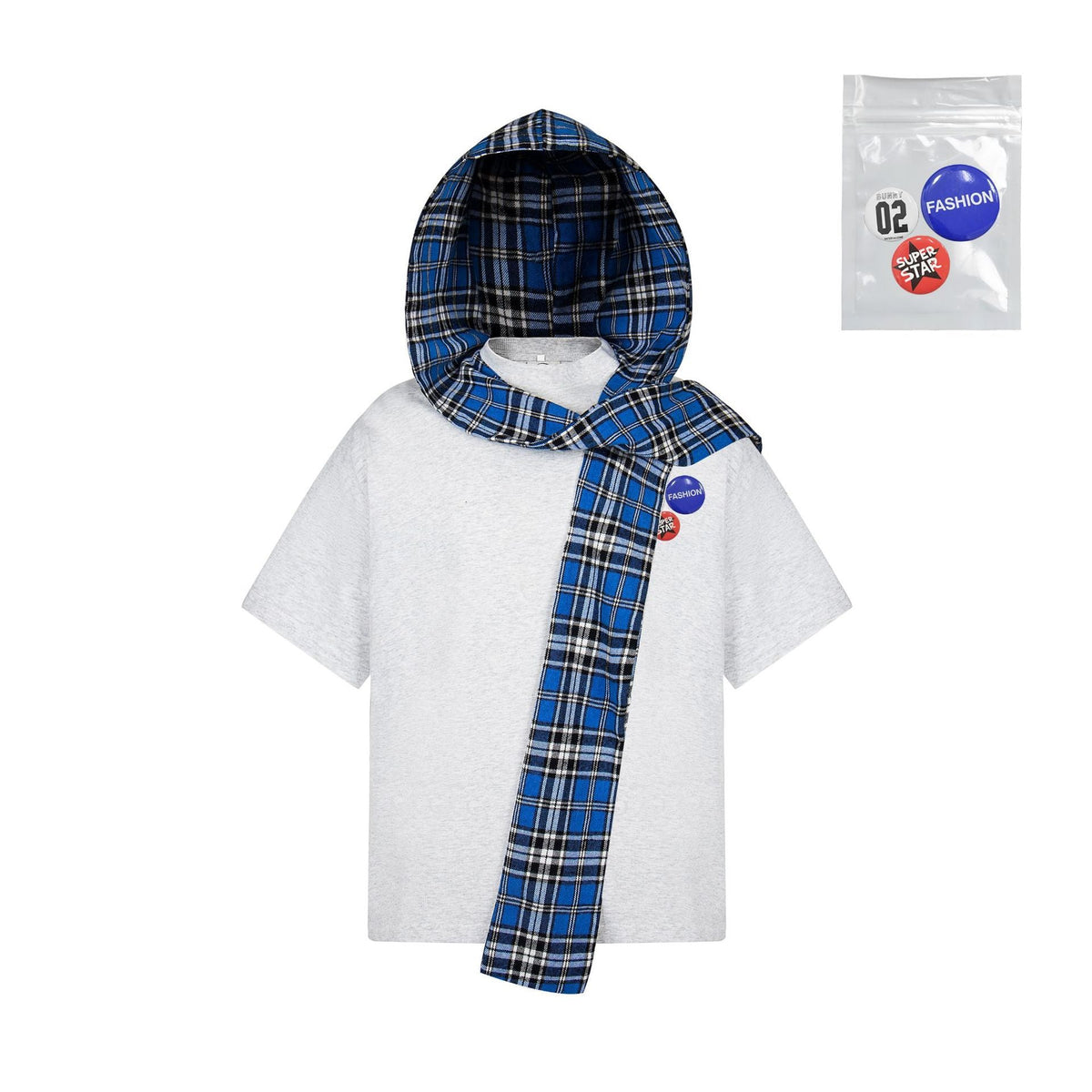 Detachable Badge | Hooded Plaid Cape T-shirt - OMYGOODS