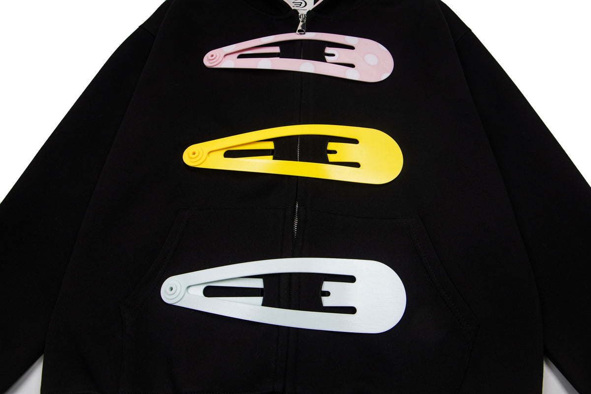 Detachable Hair Clip Decoration Zip Up Hoodie - OMYGOODS