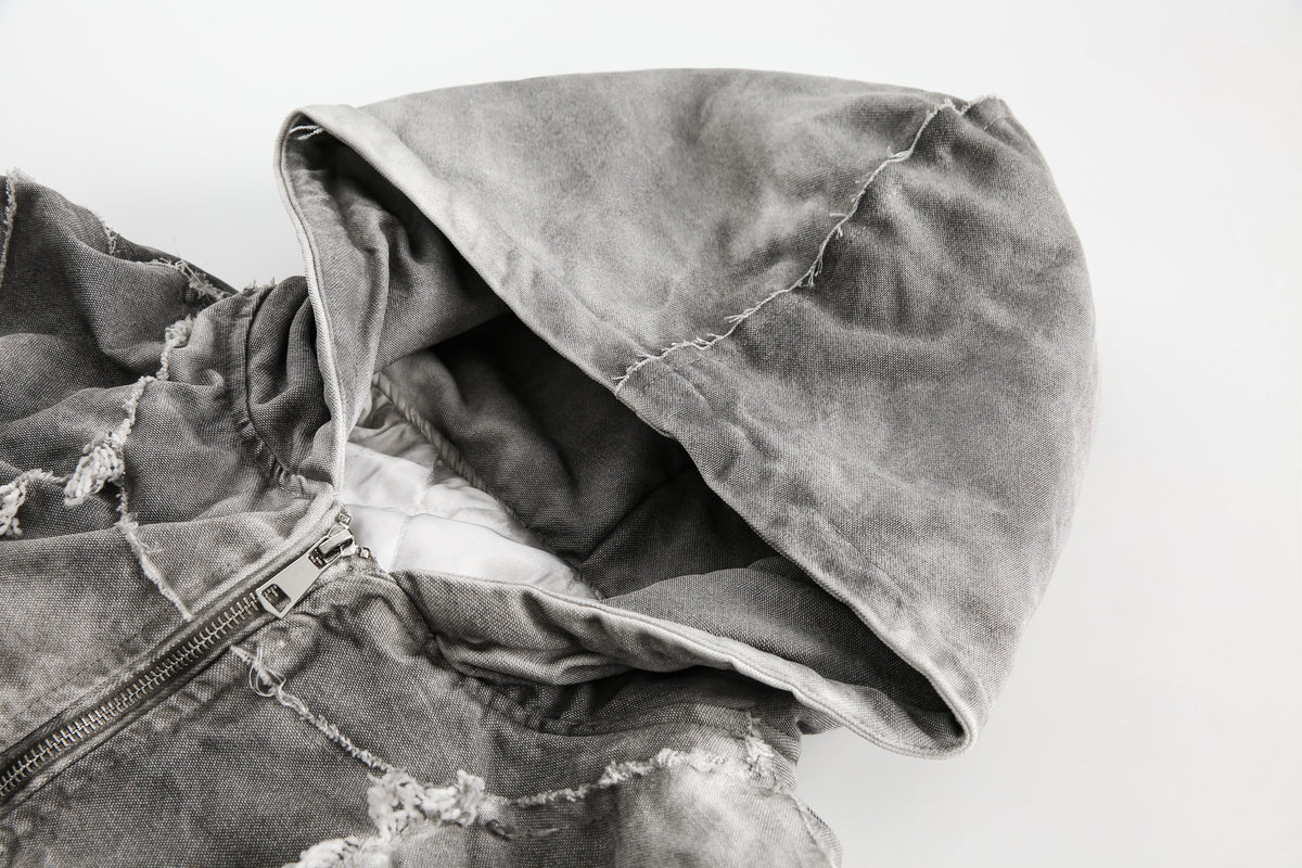 Distressed Embroidered | Padded Hooded Jacket - OMYGOODS