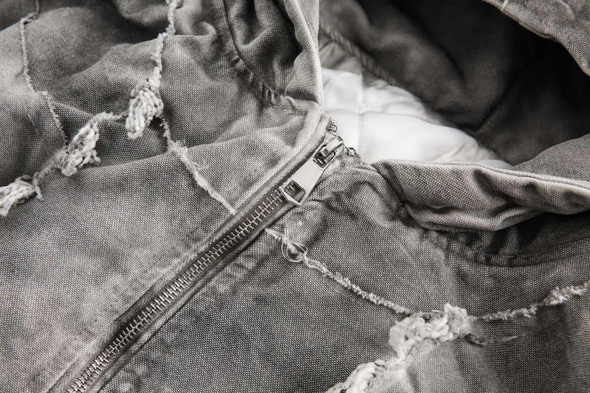Distressed Embroidered | Padded Hooded Jacket - OMYGOODS