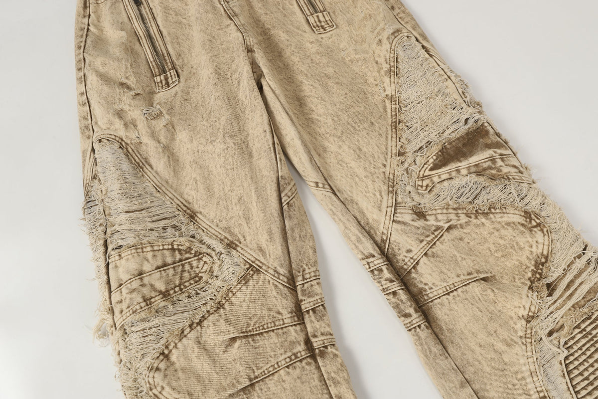 Distressed Raw-Edge Panel Sculpted Wide-Leg Jeans - OMYGOODS
