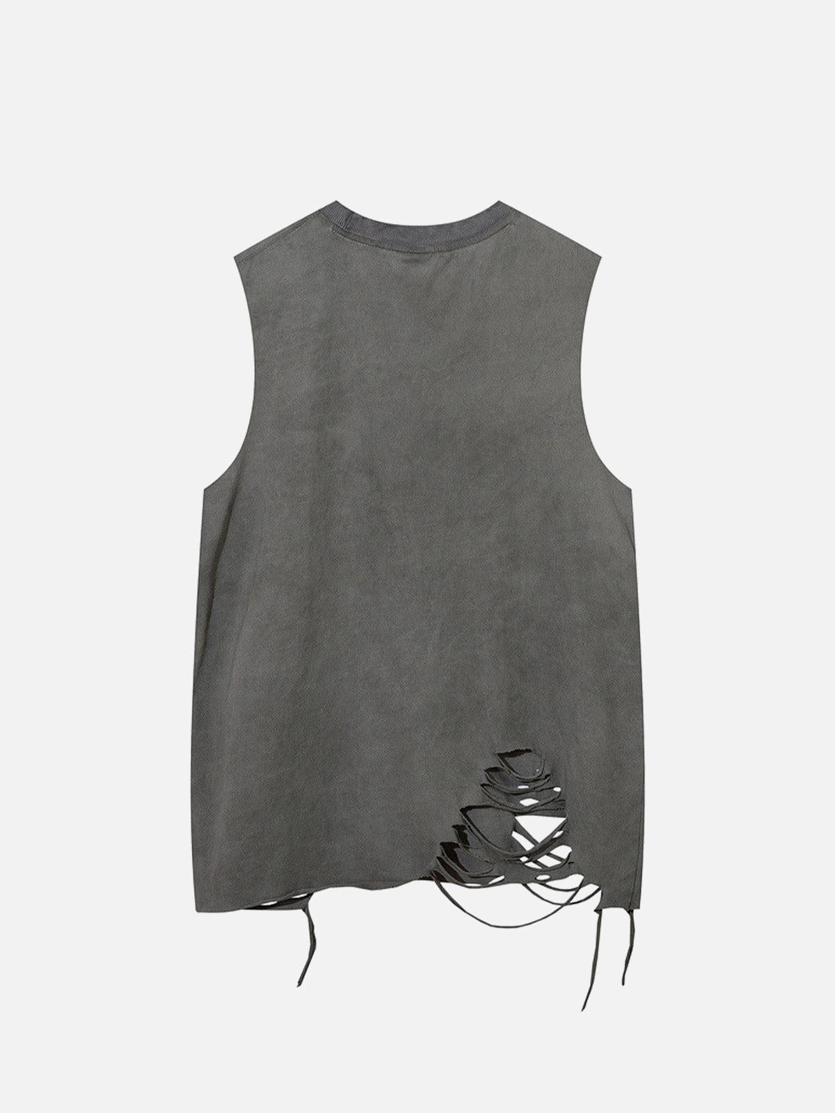 Omygoods Distressed Ripped Graphic Cross Print Vest