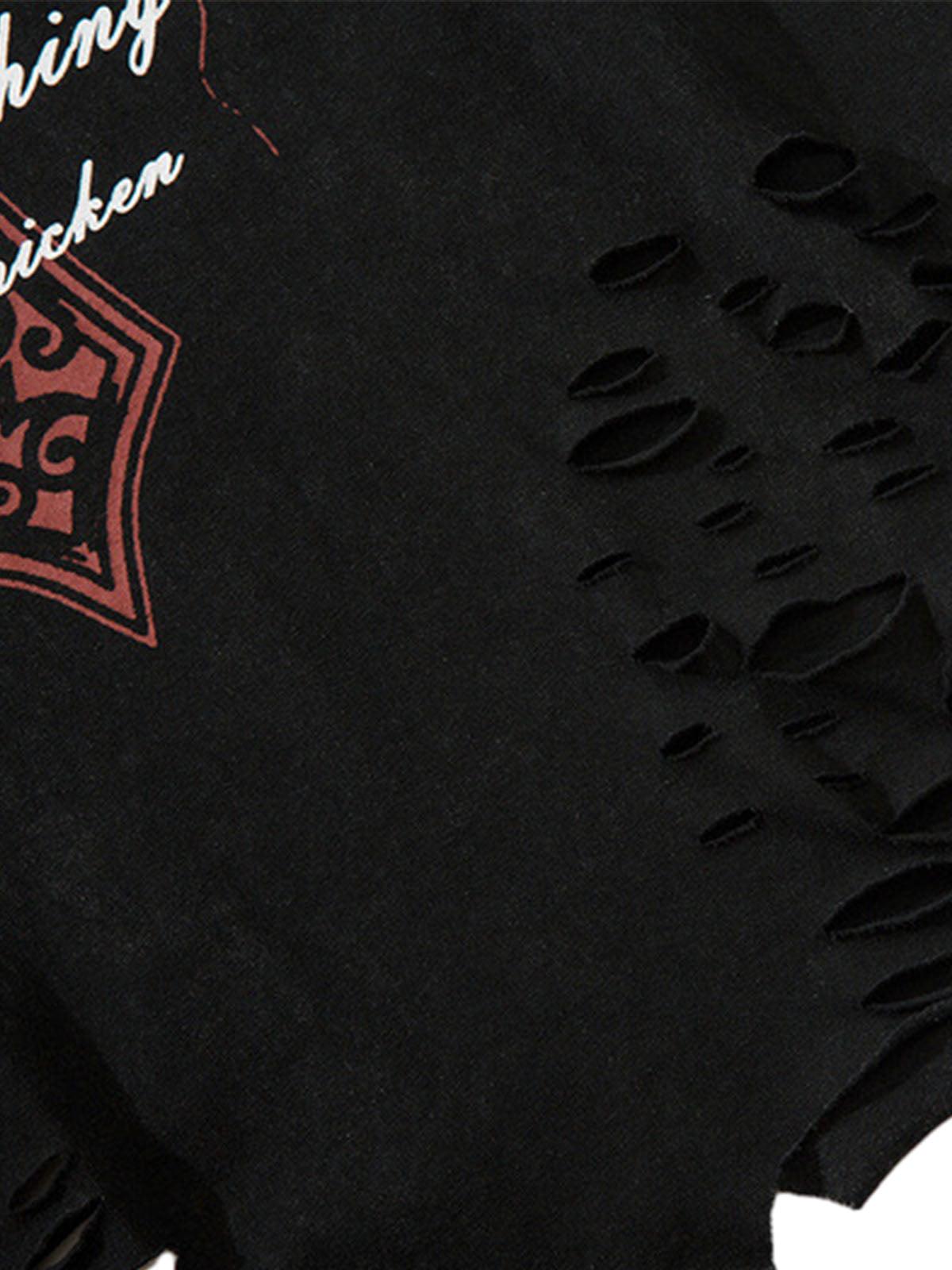 Omygoods Distressed Ripped Graphic Cross Print Vest