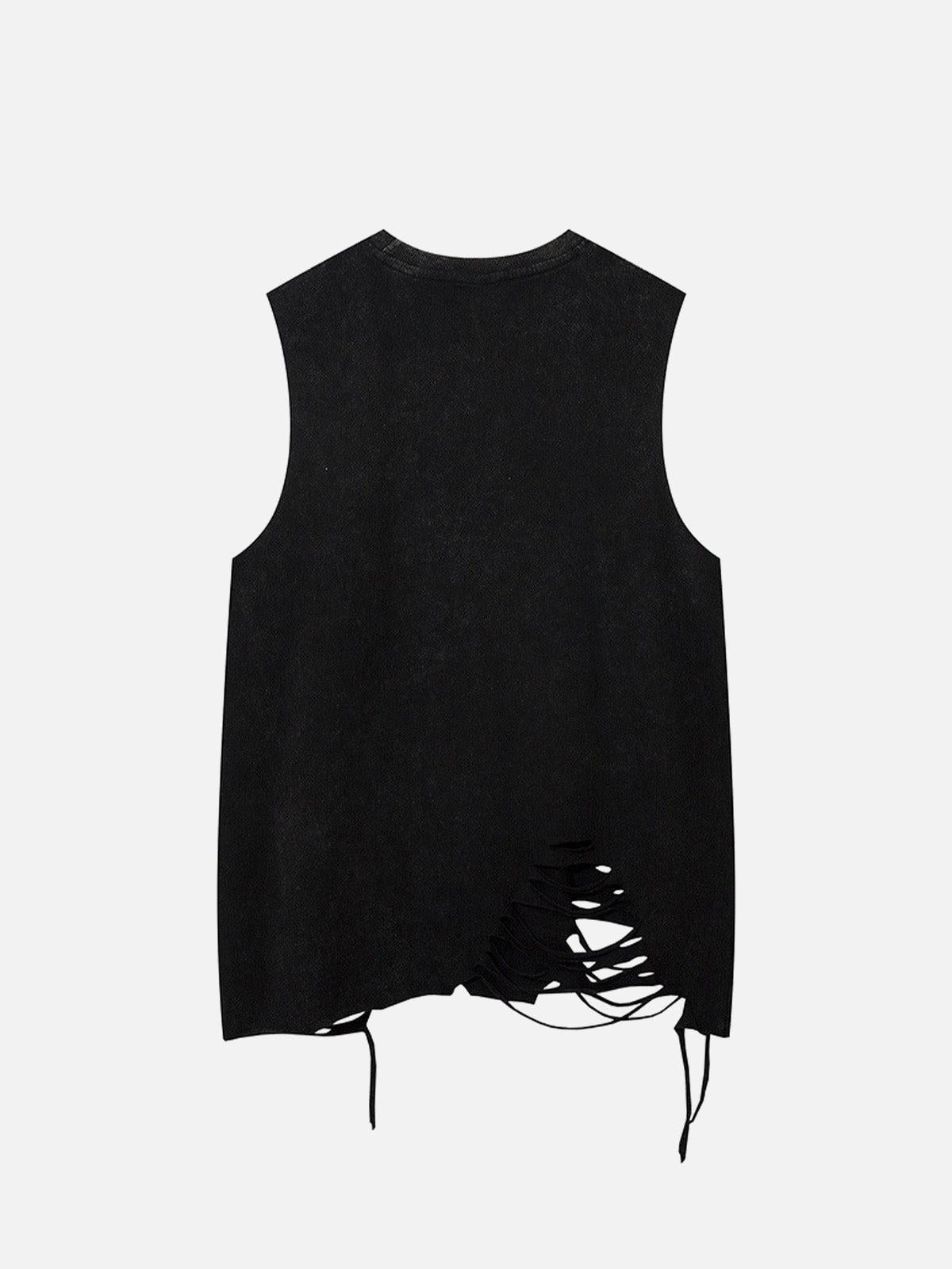 Omygoods Distressed Ripped Graphic Cross Print Vest