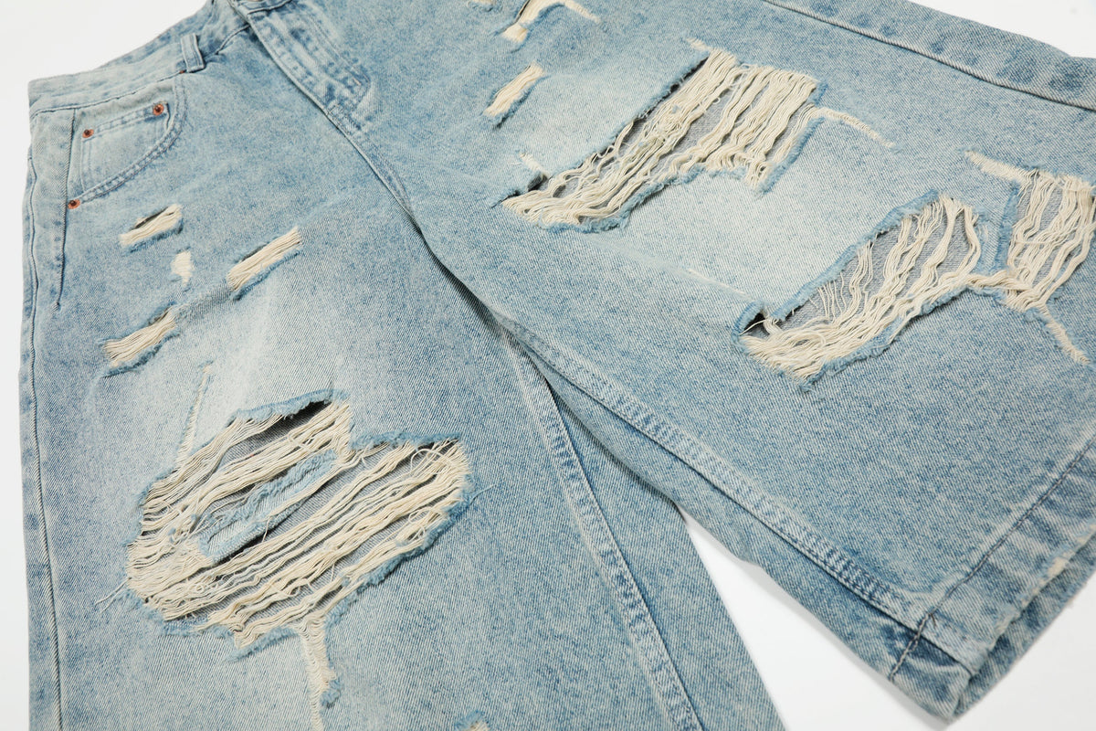 Distressed Washed Ripped Denim Jort - OMYGOODS