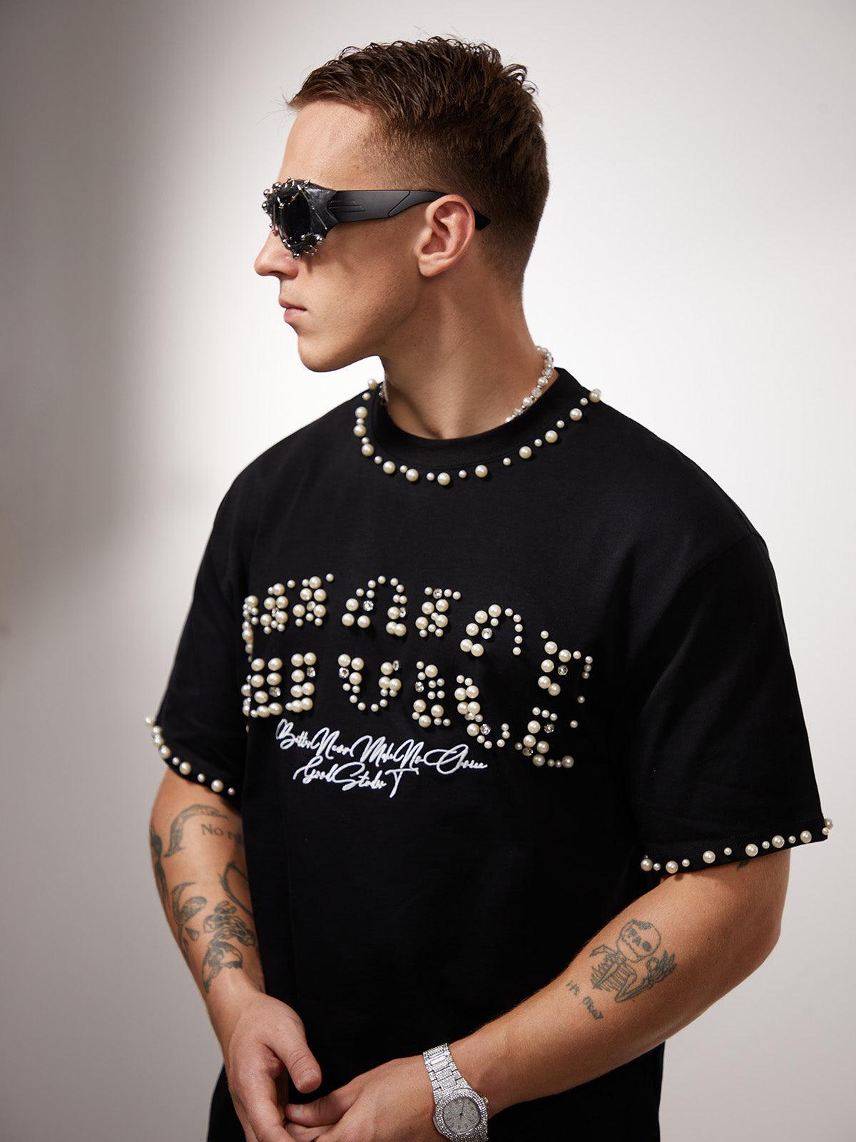 Omygoods Elegant Pearl-Embellished Oversized T-Shirt