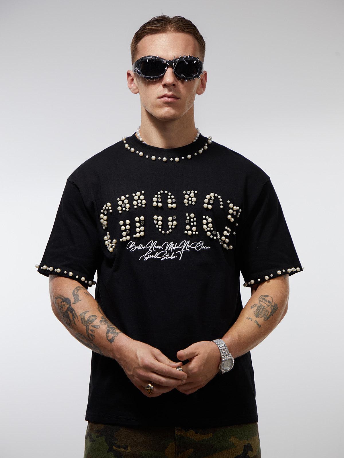 Omygoods Elegant Pearl-Embellished Oversized T-Shirt