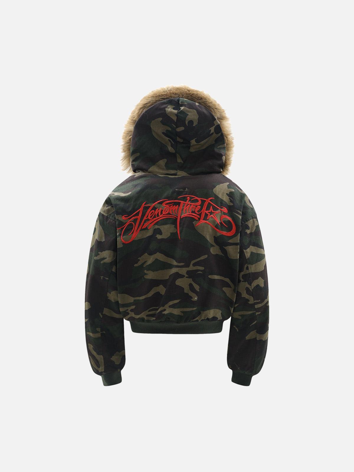 Omygoods Embroidered Detachable Fur Hooded Jacket