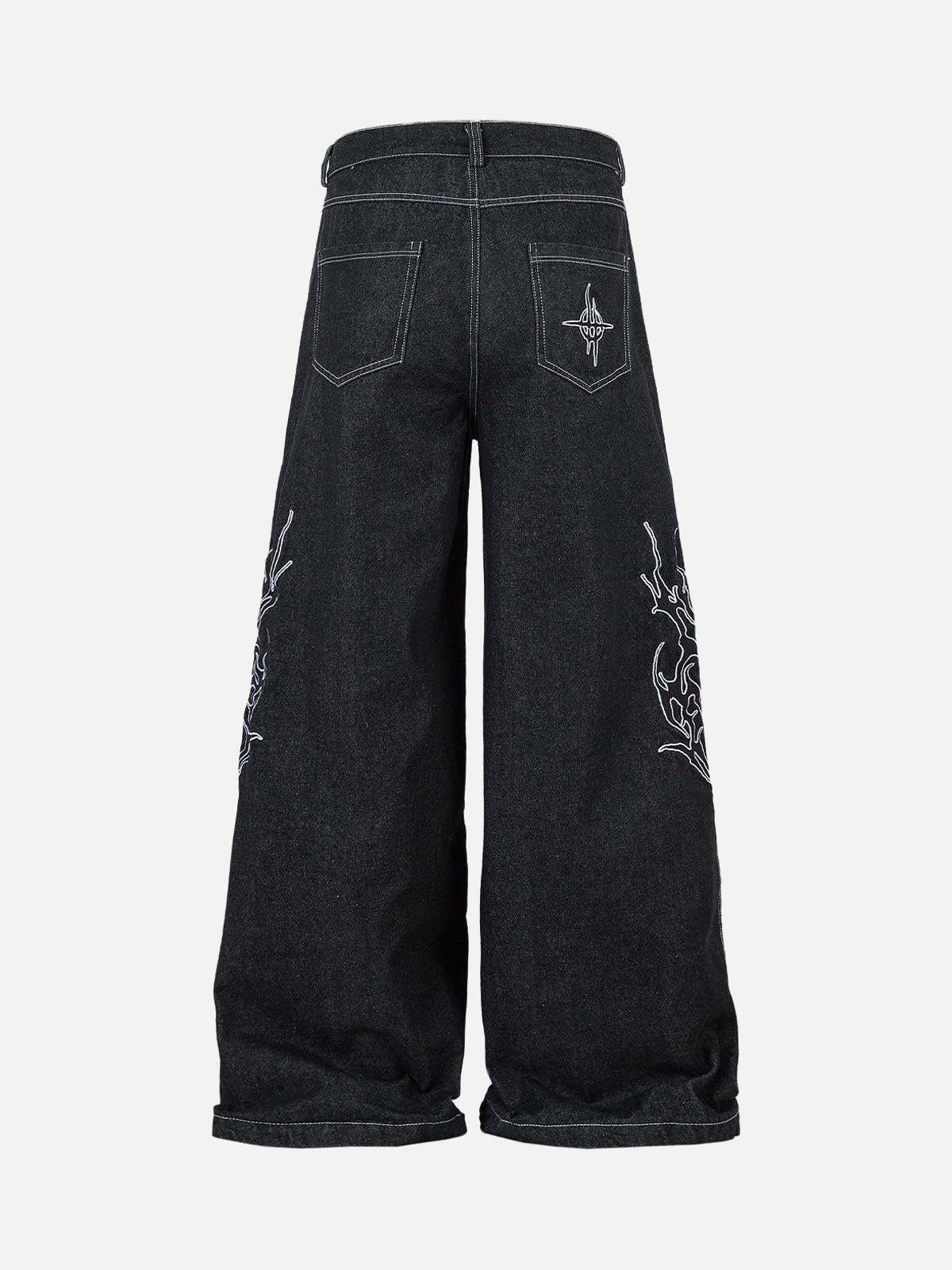 Omygoods Embroidered Flame Baggy Jeans