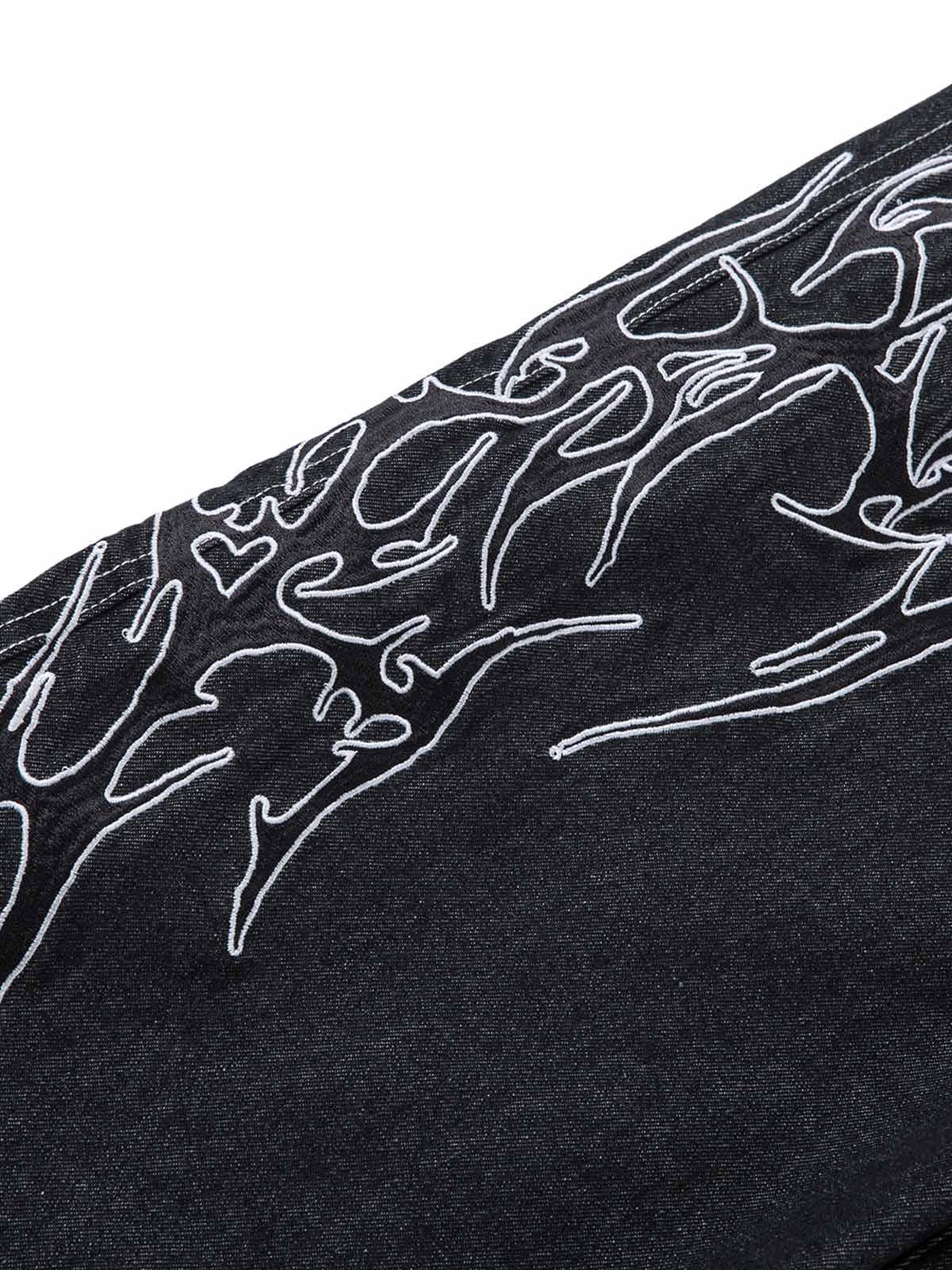 Omygoods Embroidered Flame Baggy Jeans