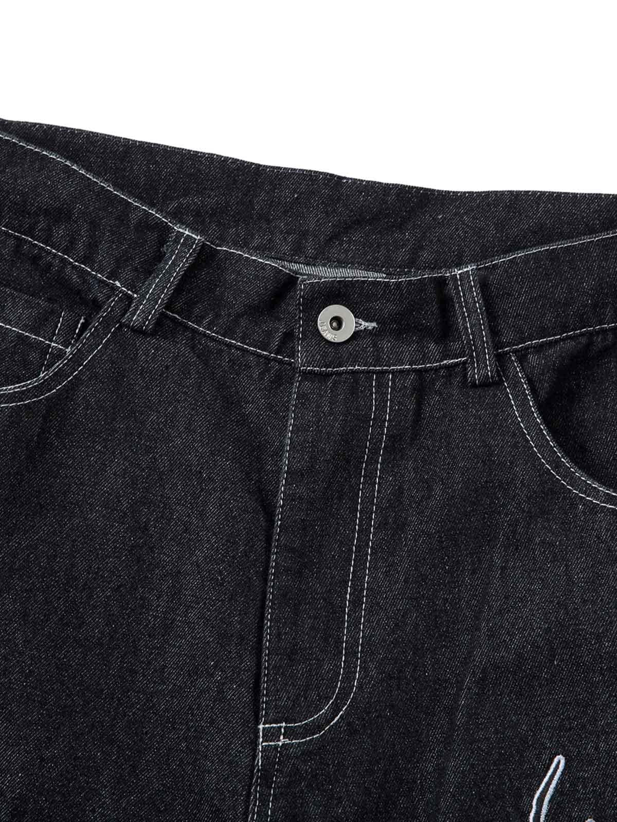 Omygoods Embroidered Flame Baggy Jeans
