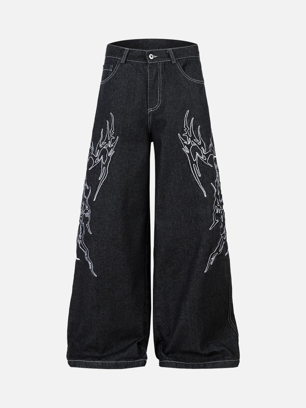 Omygoods Embroidered Flame Baggy Jeans