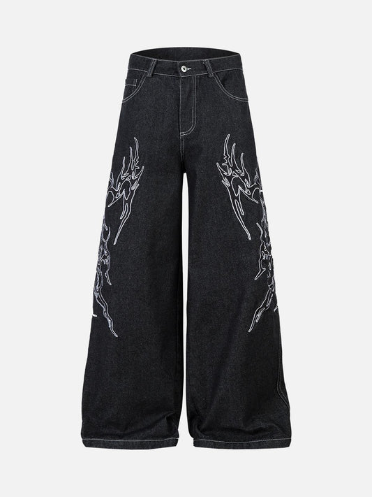 Omygoods Embroidered Flame Baggy Jeans