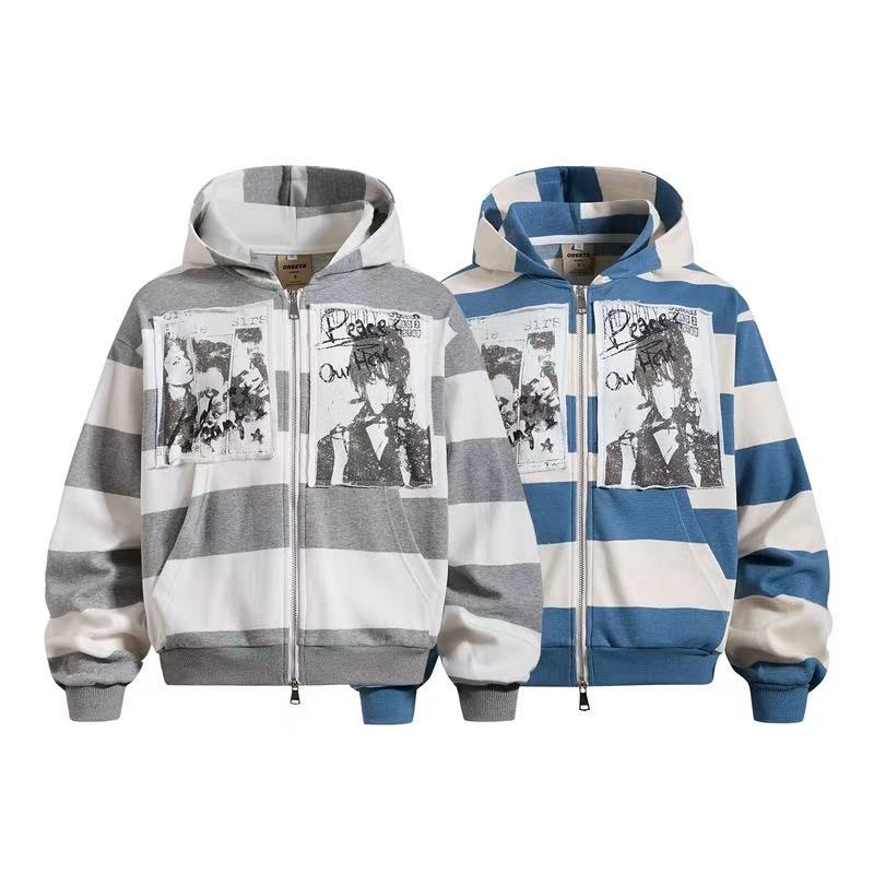 Striped Patchwork Portrait Print Zip-Up Hoodie - OMYGOODS