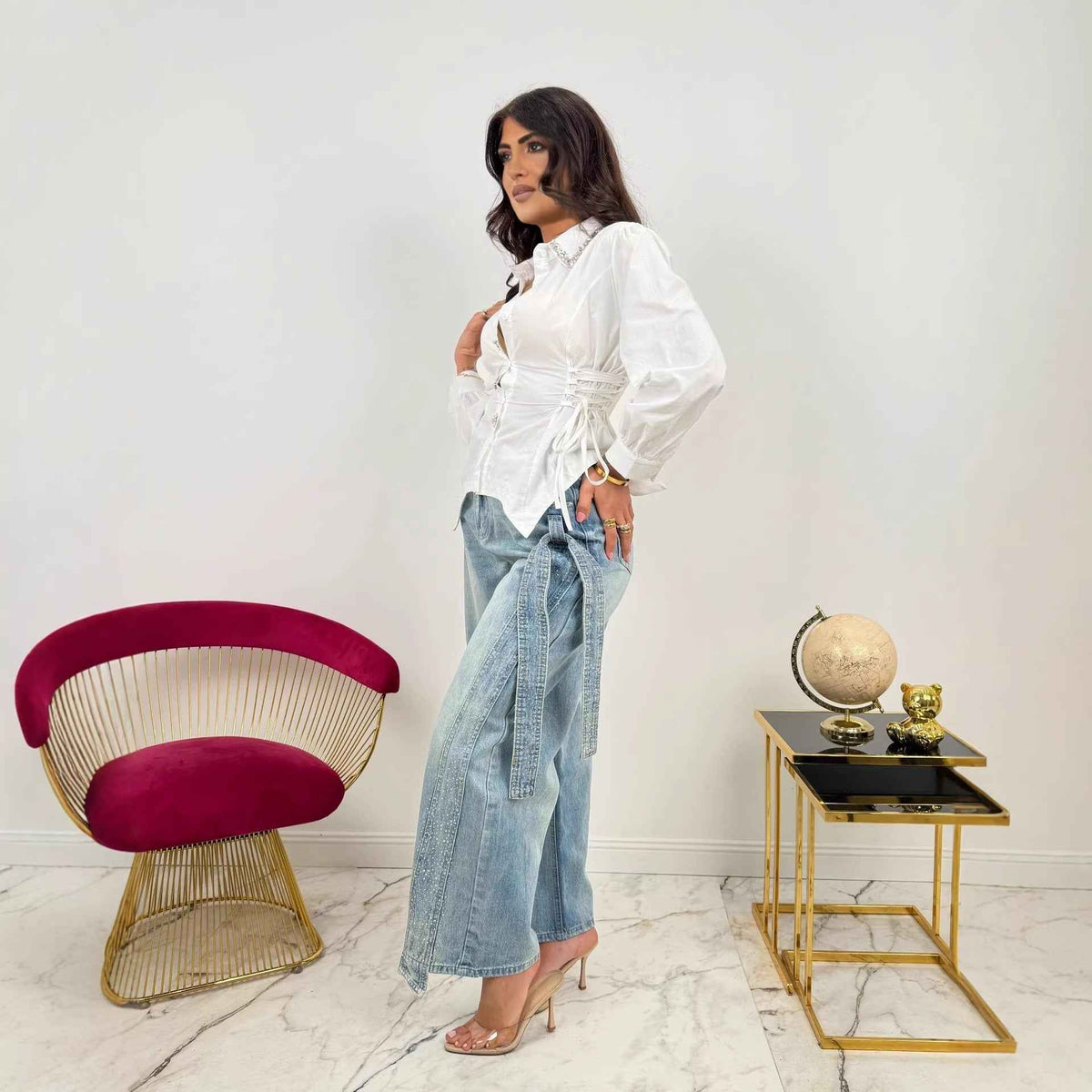 Fashion Heavy Rhinestone Side Bow Decorated Washed Denim Pants