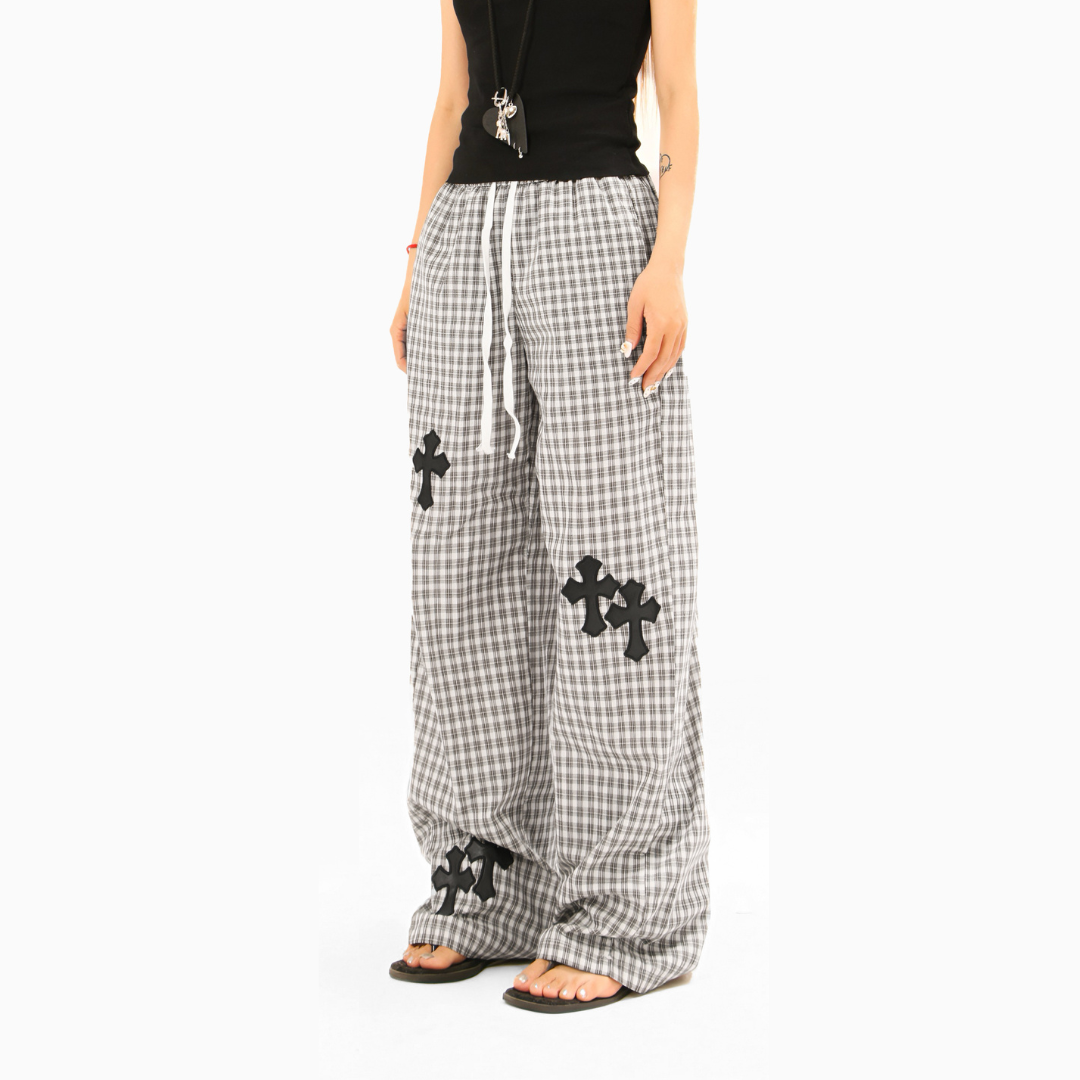 Plaid Cross-Patch Relaxed Pants