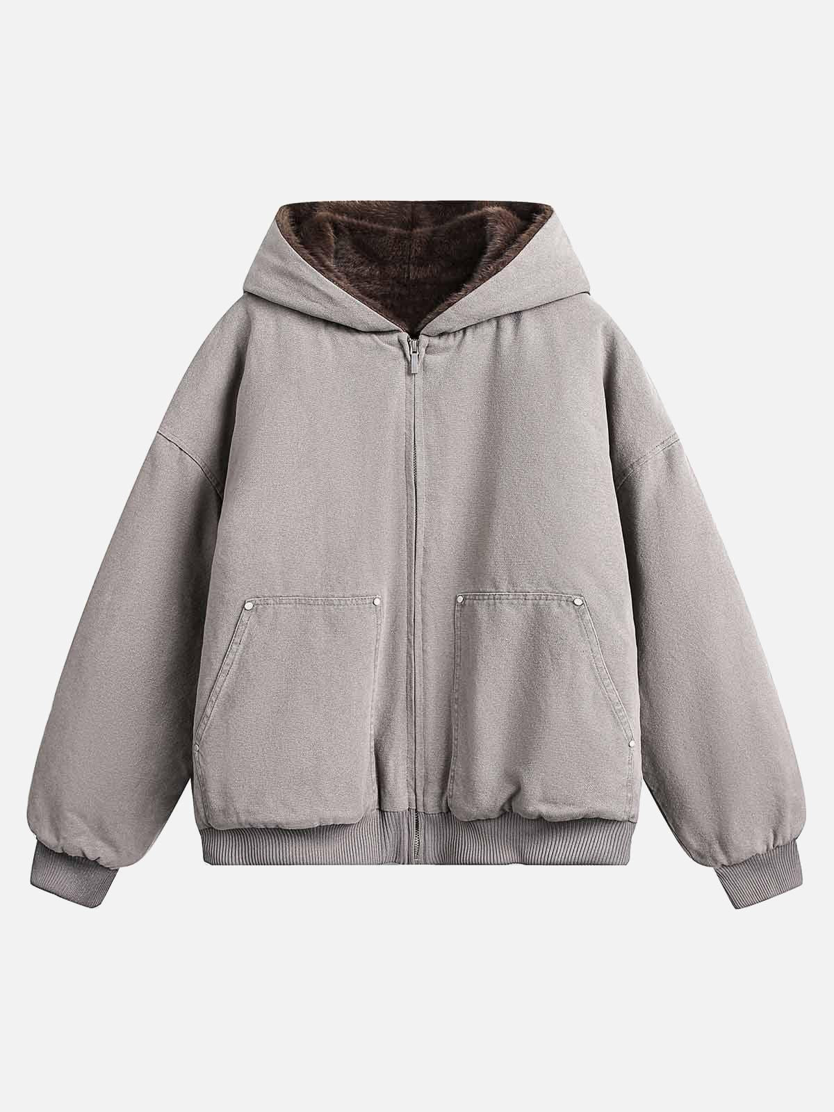 Omygoods Fur Hooded Zip Up Quilted Jacket