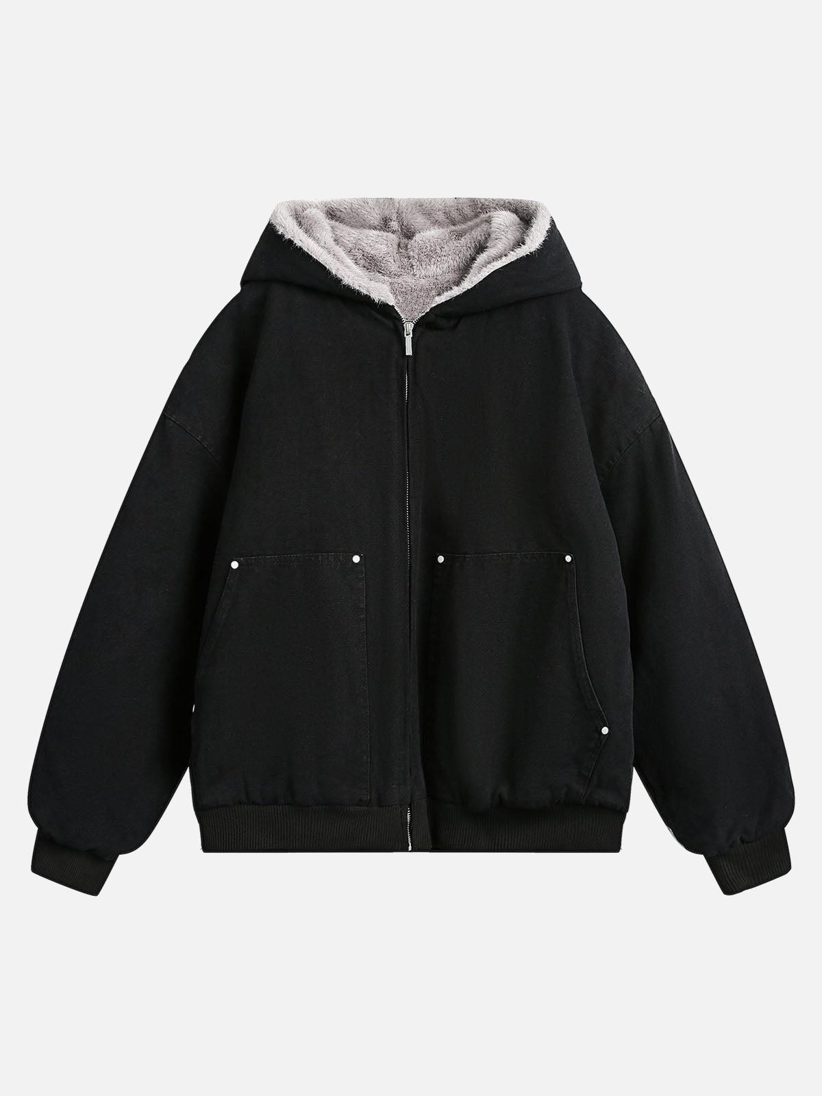 Omygoods Fur Hooded Zip Up Quilted Jacket