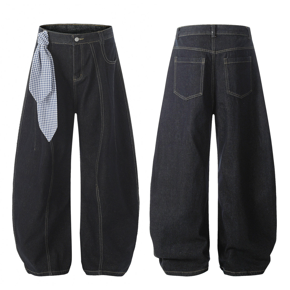 Gingham Tie Barrel | Baggy Jeans - Perfect for Effortless Style - OMYGOODS