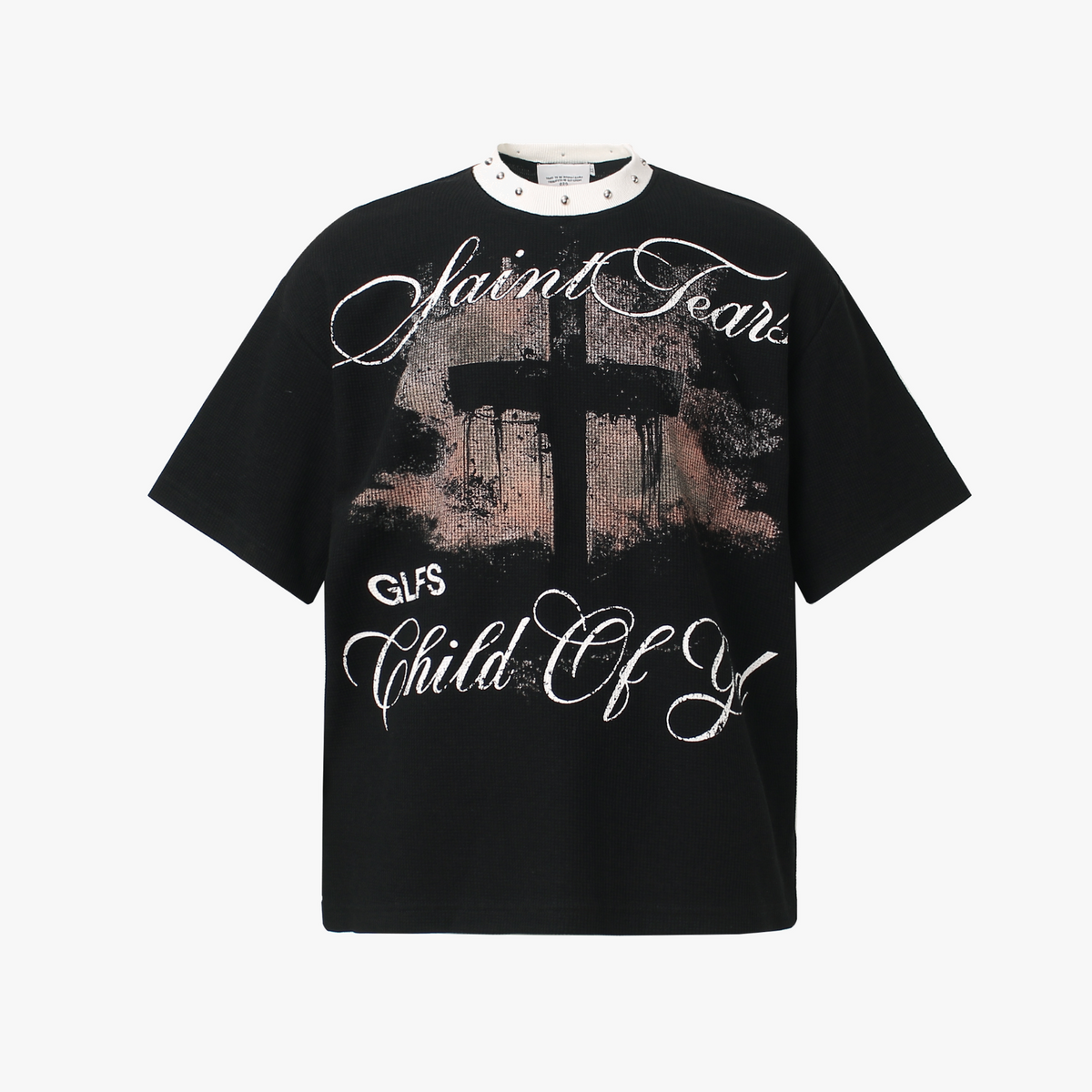 Gothic Cross Print Studded Collar Waffle Knit Graphic T-Shirt - OMYGOODS