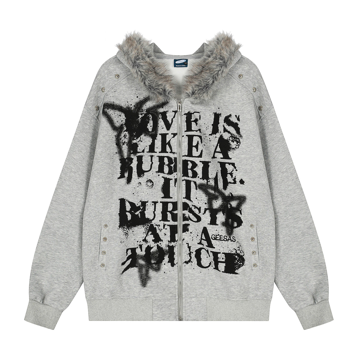 Graffiti Print Faux Fur | Zip Up Hoodie - OMYGOODS