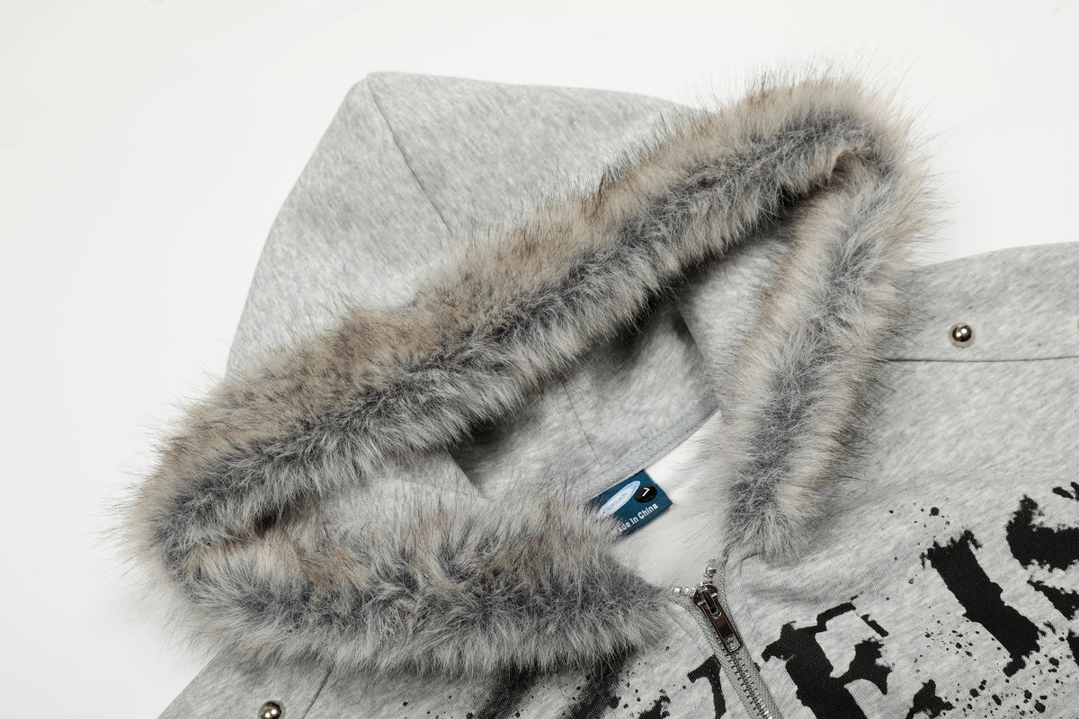 Graffiti Print Faux Fur | Zip Up Hoodie - OMYGOODS