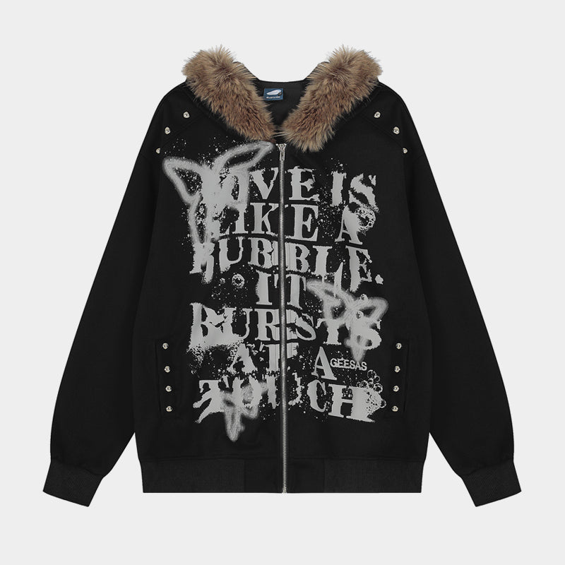 Graffiti Print Faux Fur | Zip Up Hoodie - OMYGOODS