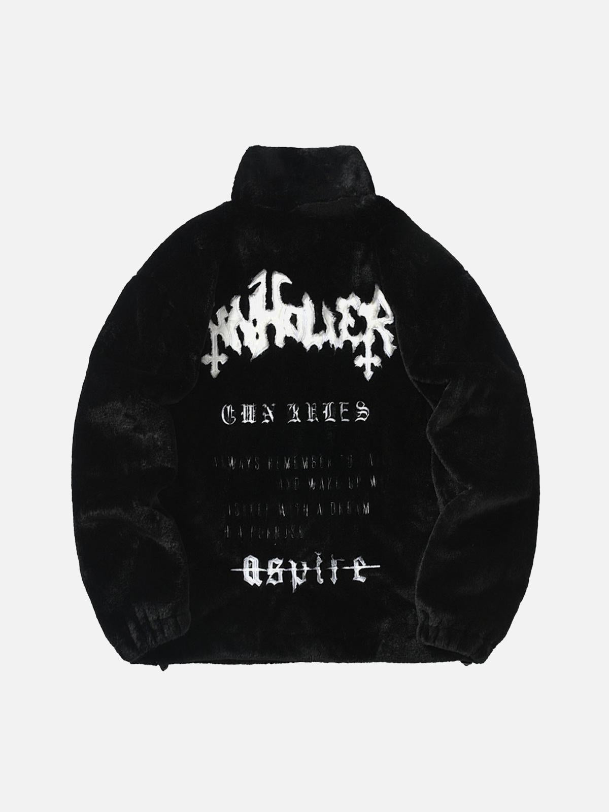 Omygoods Hip-Hop Letter Stand Collar Fur Jacket