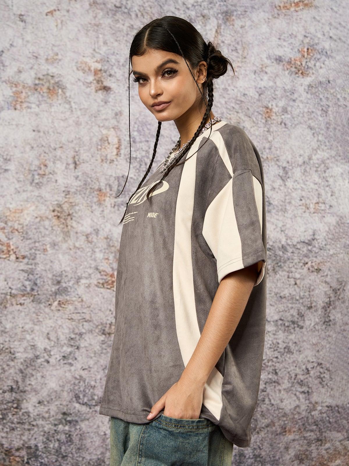 Omygoods Jersey Deconstructed Contrast Color Stitching Print T-Shirt