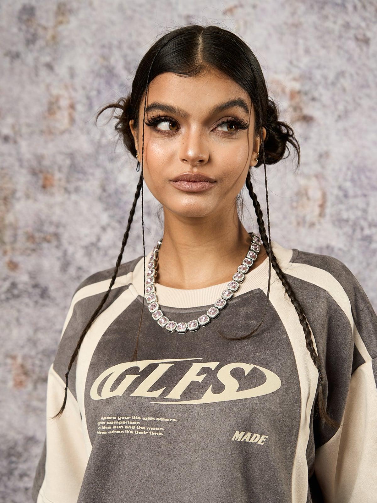 Omygoods Jersey Deconstructed Contrast Color Stitching Print T-Shirt