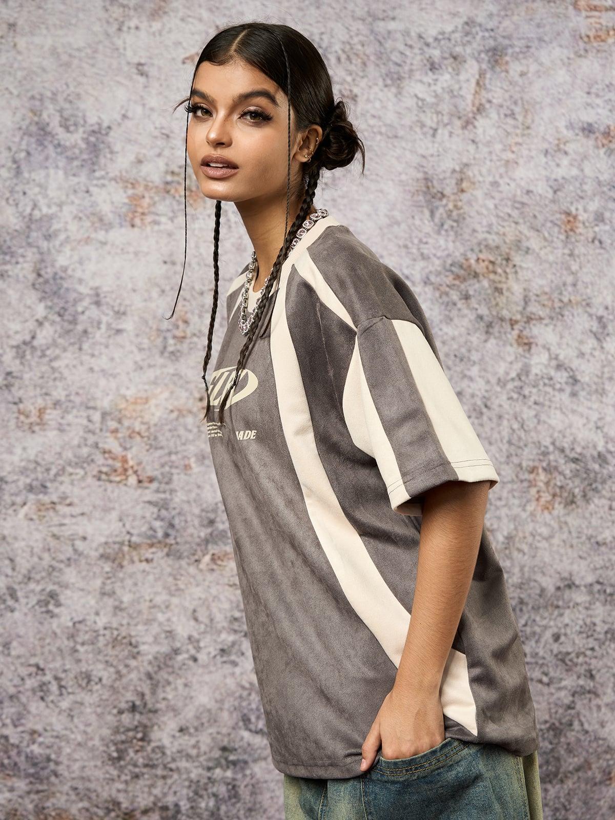 Omygoods Jersey Deconstructed Contrast Color Stitching Print T-Shirt