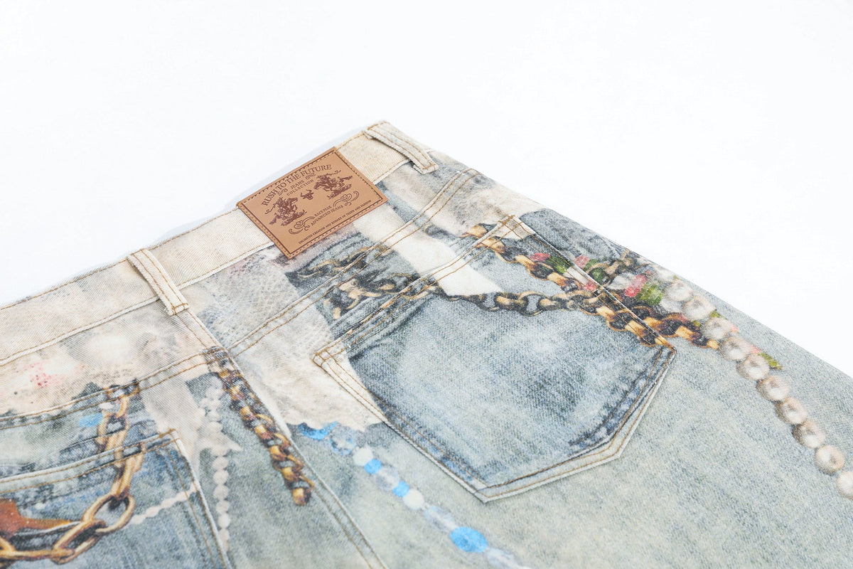 Jewelry Pearl Graphic Print 3D Effect Denim Shorts - OMYGOODS