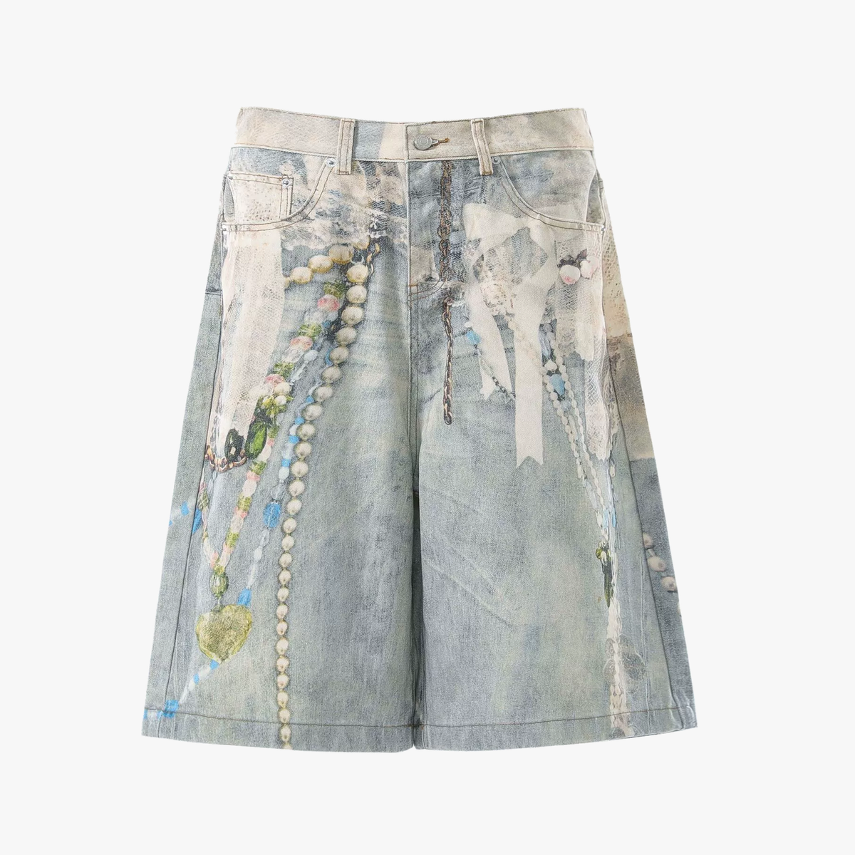 Jewelry Pearl Graphic Print 3D Effect Denim Shorts - OMYGOODS
