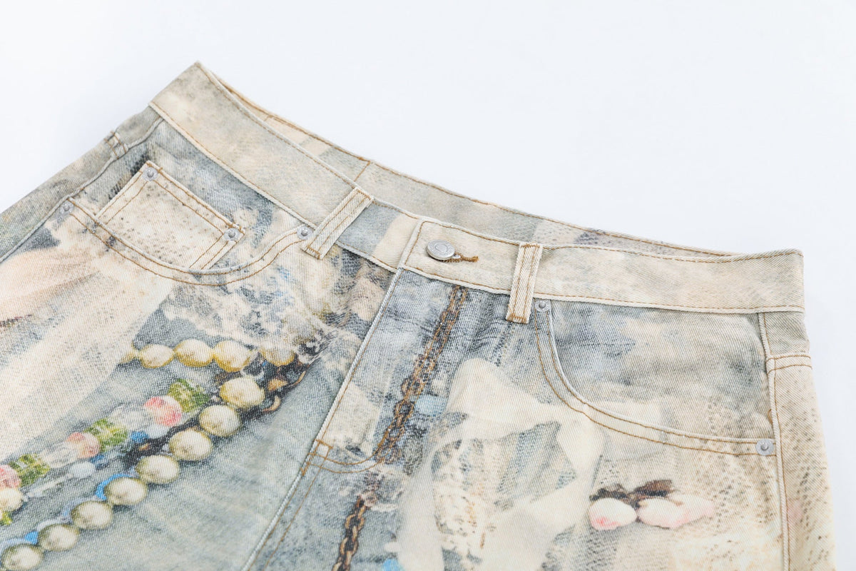 Jewelry Pearl Graphic Print 3D Effect Denim Shorts - OMYGOODS