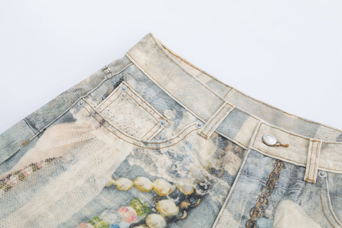 Jewelry Pearl Graphic Print 3D Effect Denim Shorts - OMYGOODS
