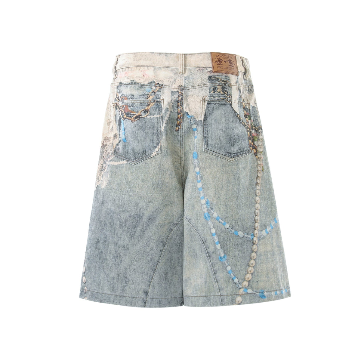 Jewelry Pearl Graphic Print 3D Effect Denim Shorts - OMYGOODS