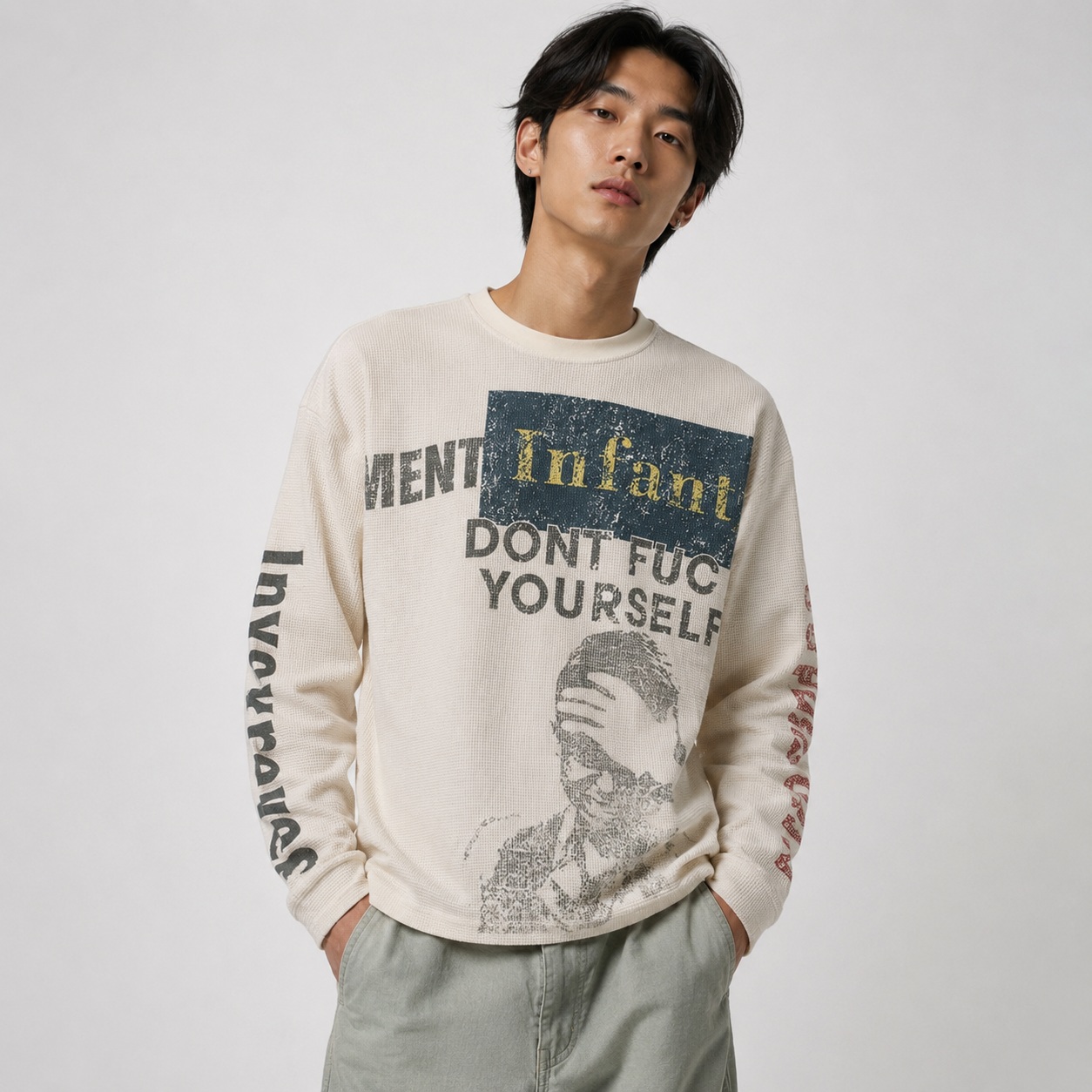 Graphic Print Crewneck | Waffle Knit Sweatshirt