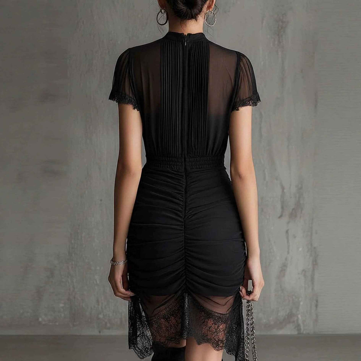 New European black see through lace patchwork dress, slim and tall, slit skirt with lace