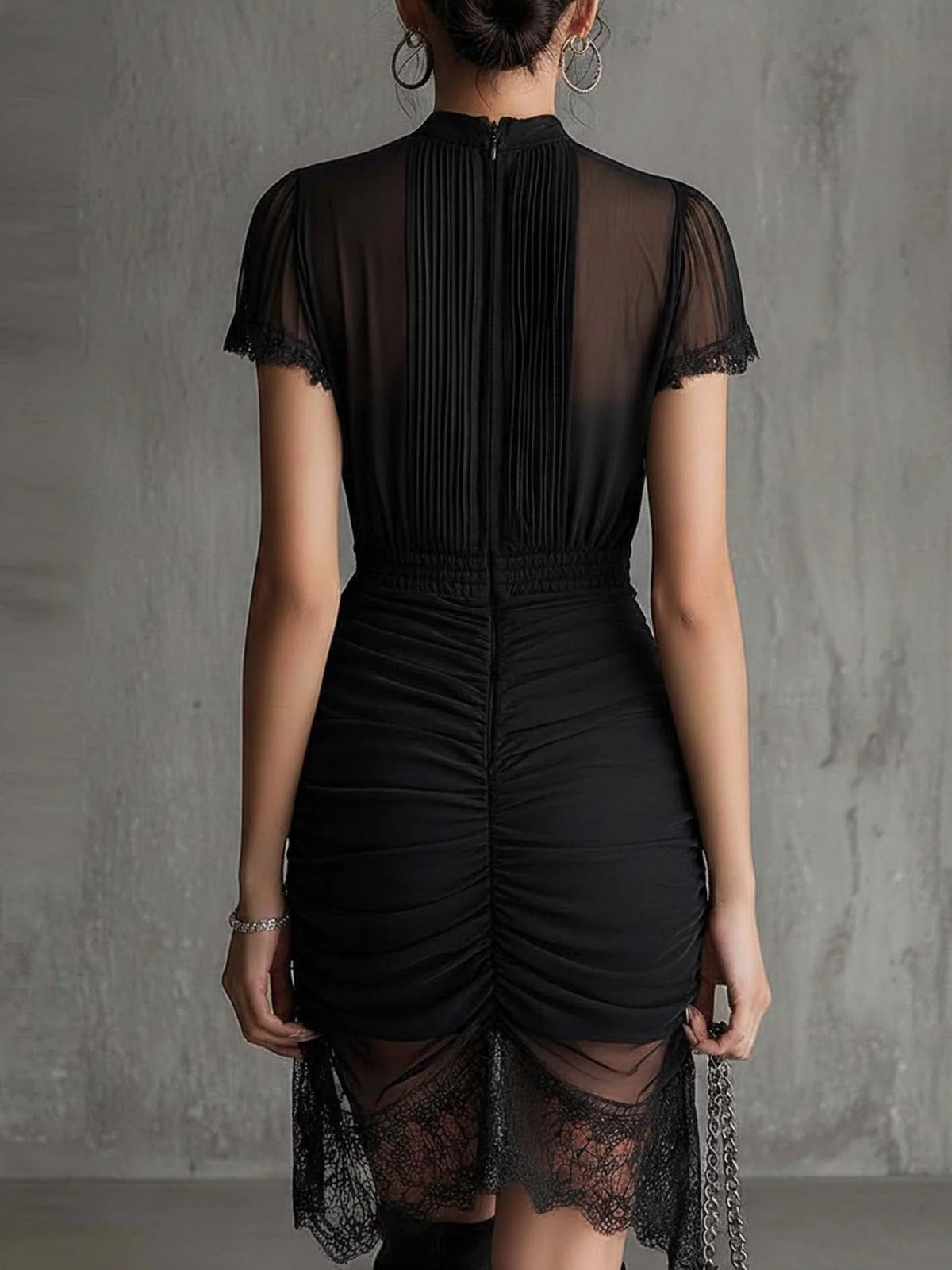 New European black see through lace patchwork dress, slim and tall, slit skirt with lace - OMYGOODS