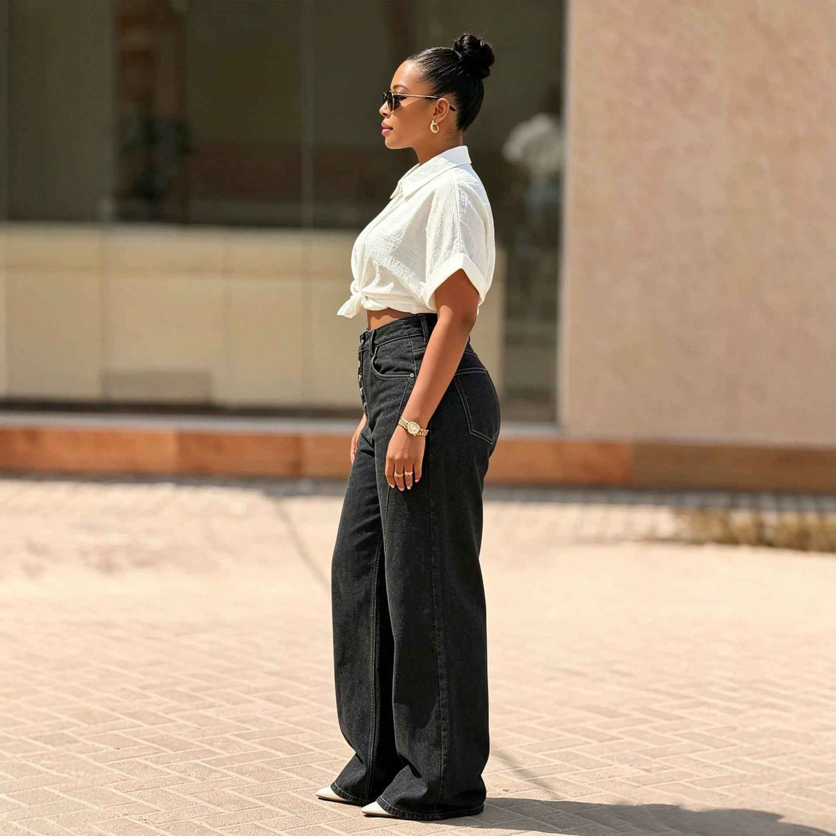 NewTopstitching Multi-button Fly Front Denim Pants