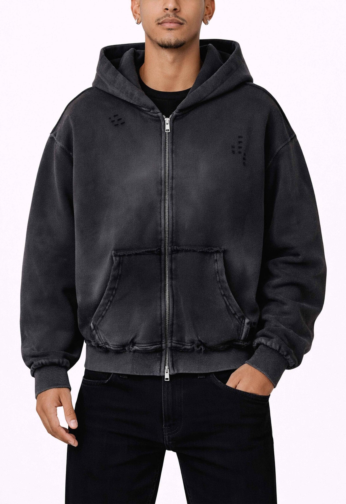 NOIR DISTRESSED ZIP HOODIE
