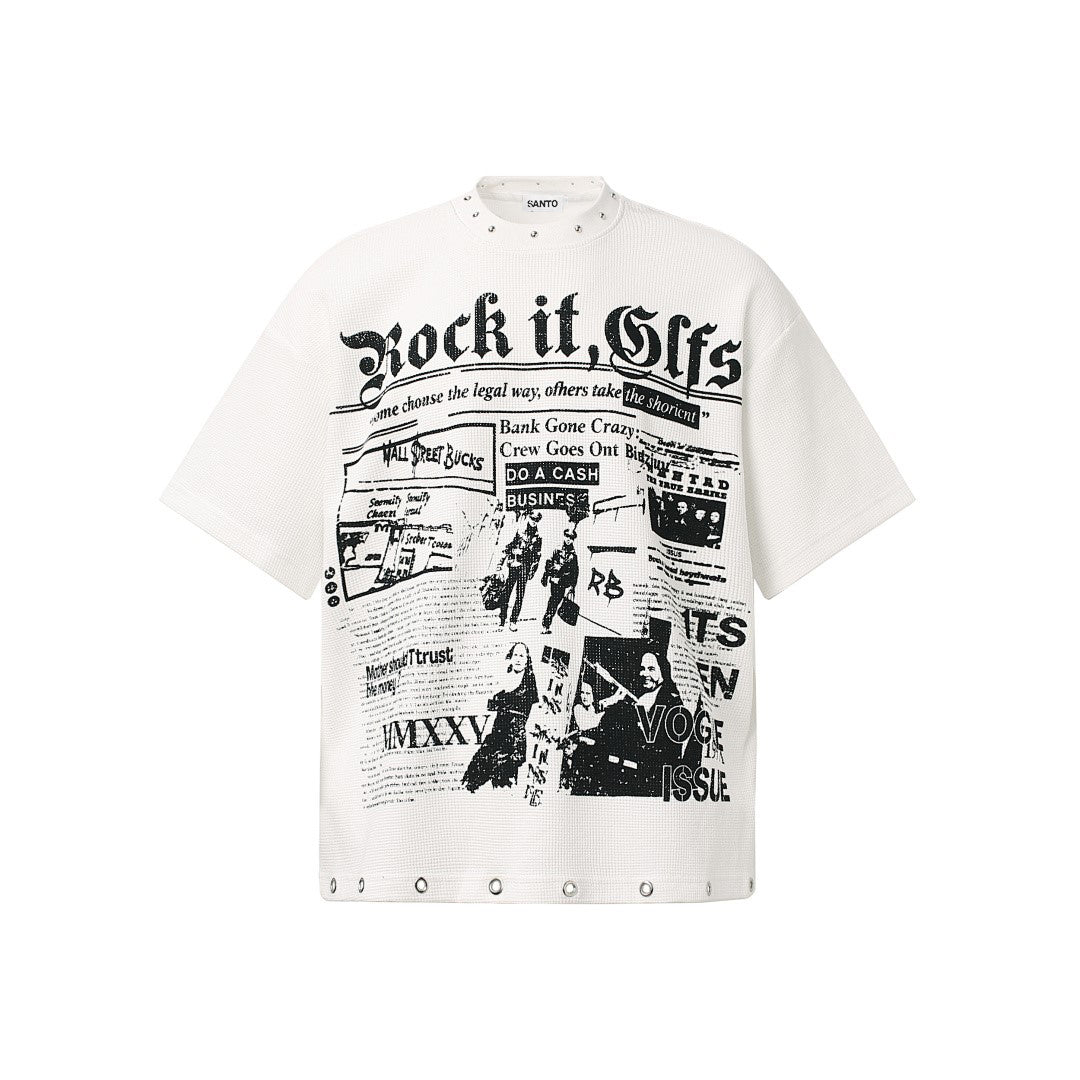 Oversized Newspaper Print Grommet Detail T-Shirt - OMYGOODS