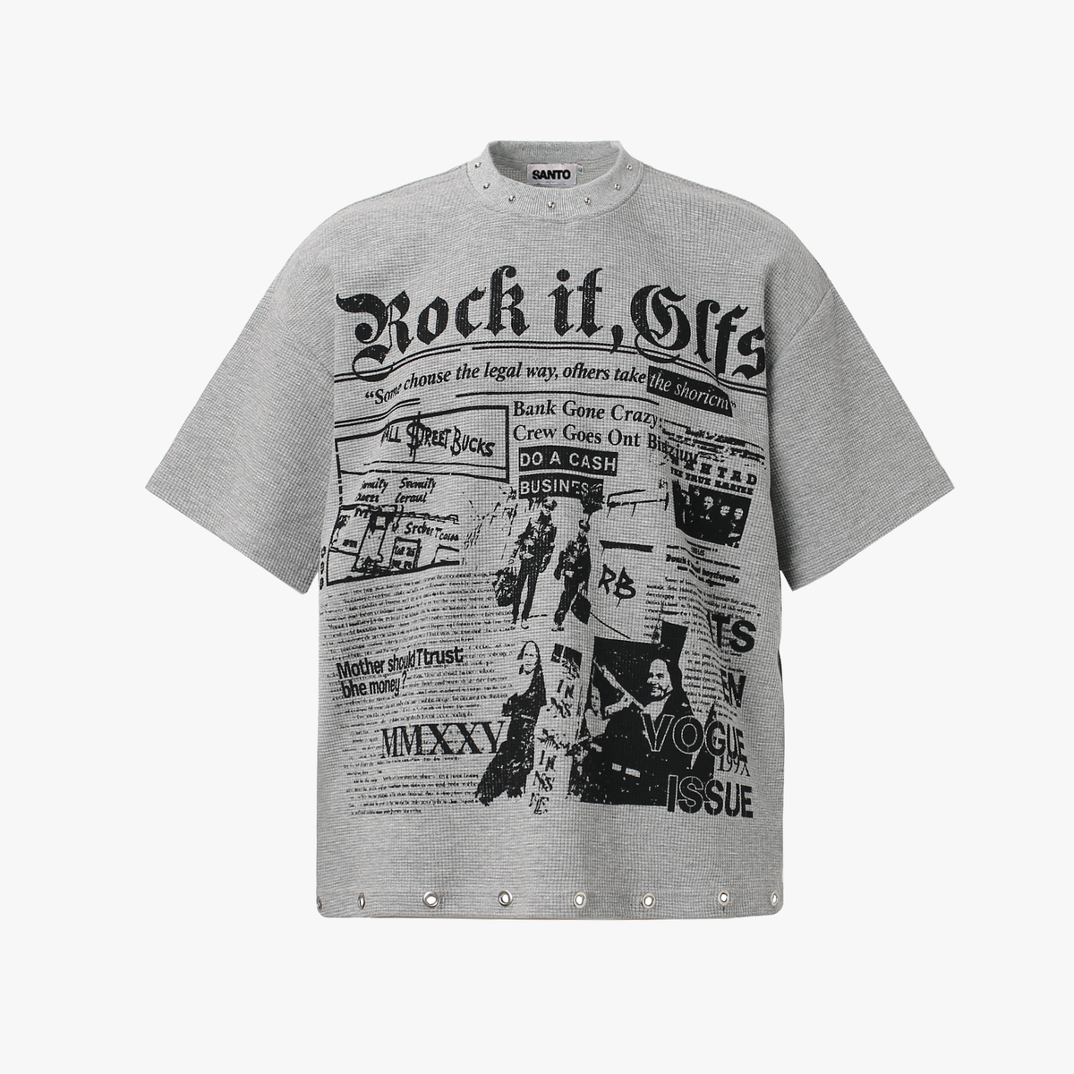 Oversized Newspaper Print Grommet Detail T-Shirt - OMYGOODS