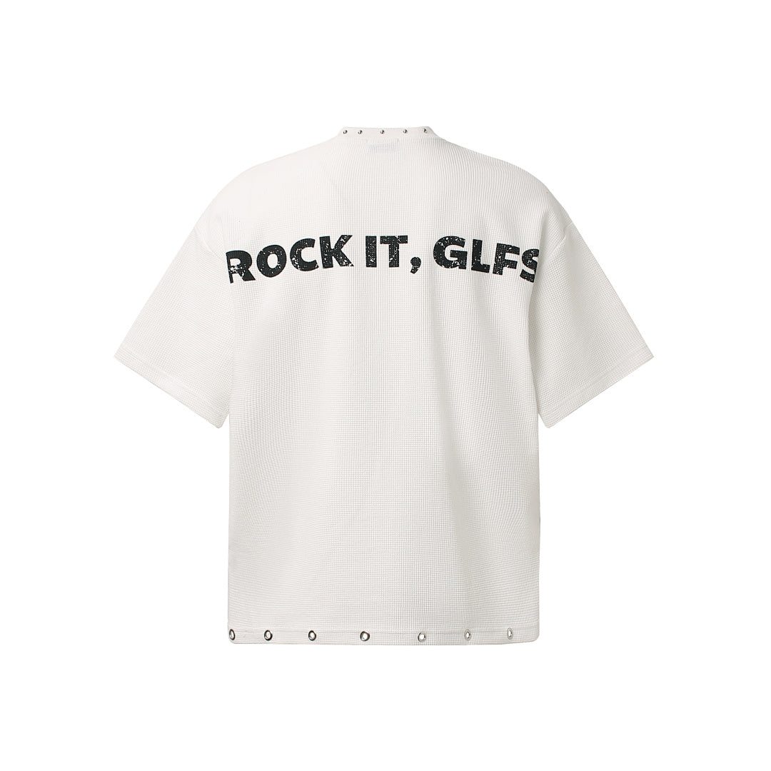 Oversized Newspaper Print Grommet Detail T-Shirt - OMYGOODS